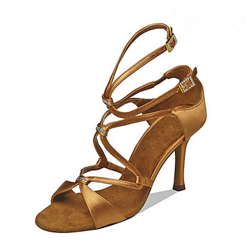 

Women's Dance Shoes Satin Latin Shoes Rhinestone Heel Slim High Heel Customizable Black / Bronze