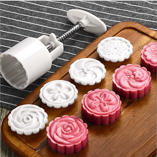 

5pcs Flower Mooncake Mold Mid-Autumn Festival Hand Pressure Mould DIY Tool Cookie Cutter Cake Bakeware 1 Barrel 4 Stamps Set