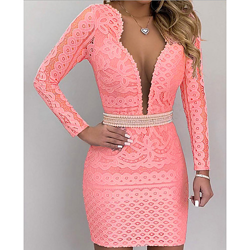 

Women's Sheath Dress - Long Sleeve Geometric Deep V Basic Blushing Pink S M L XL