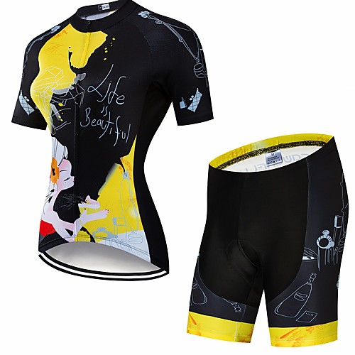 

CAWANFLY Women's Short Sleeve Cycling Jersey with Shorts Black / Yellow Floral Botanical Bike Clothing Suit 3D Pad Quick Dry Winter Sports Spandex Lycra Floral Botanical Mountain Bike MTB Road Bike