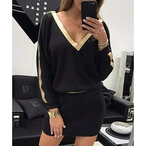 

Women's Mini Sweater Dress - 3/4 Length Sleeve Color Block Deep V Elegant White Black S M L XL