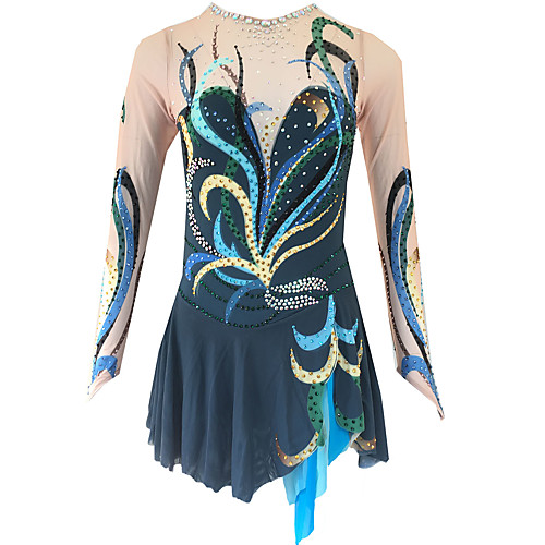 

21Grams Figure Skating Dress Women's Girls' Ice Skating Dress Dark Blue Spandex Micro-elastic Training Skating Wear Classic Crystal / Rhinestone Long Sleeve Ice Skating Figure Skating / Kids