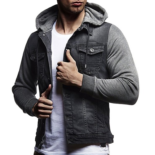

Men's Daily Regular Denim Jacket, Solid Colored Hooded Long Sleeve Polyester Black / Blue / Dark Gray