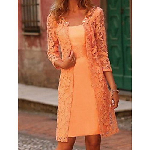 

Two Piece A-Line Mother of the Bride Dress Wrap Included Jewel Neck Knee Length Lace Polyester 3/4 Length Sleeve with Appliques 2021