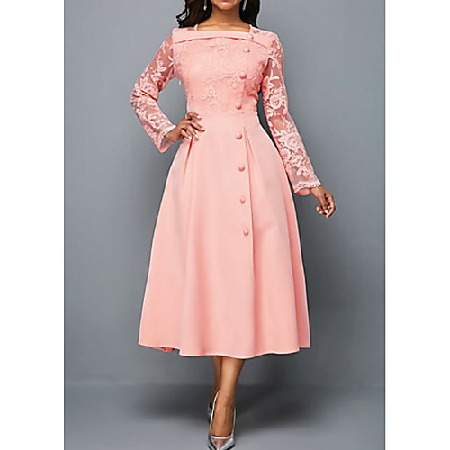 

A-Line Elegant Holiday Cocktail Party Dress Square Neck Long Sleeve Ankle Length Polyester with Buttons Appliques 2021