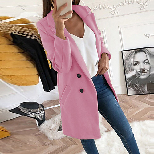 

Women's Daily Basic Fall & Winter Long Pea Coat, Solid Colored Stand Long Sleeve Polyester Yellow / Blushing Pink / Red
