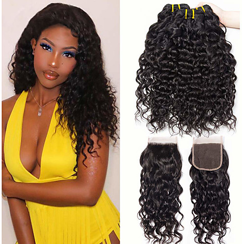 

3 Bundles with Closure Brazilian Hair Water Wave Virgin Human Hair 100% Remy Hair Weave Bundles 335 g Headpiece Natural Color Hair Weaves / Hair Bulk Extension 8-28 inch Natural Color Human Hair