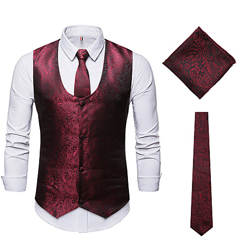 

Men's Vest, Solid Colored V Neck Polyester Black / Wine