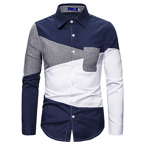 

Men's Color Block Print Shirt Basic Daily White / Navy Blue / Long Sleeve