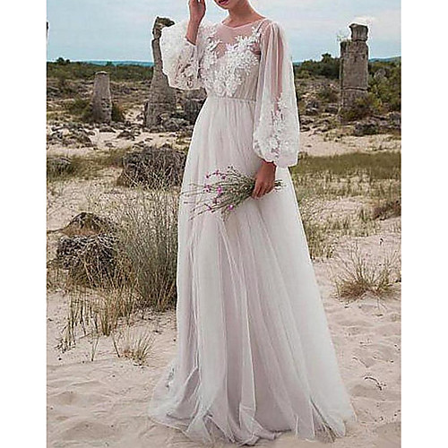 

A-Line Wedding Dresses Jewel Neck Floor Length Tulle Long Sleeve Romantic Beach Boho See-Through Illusion Sleeve with Appliques 2021