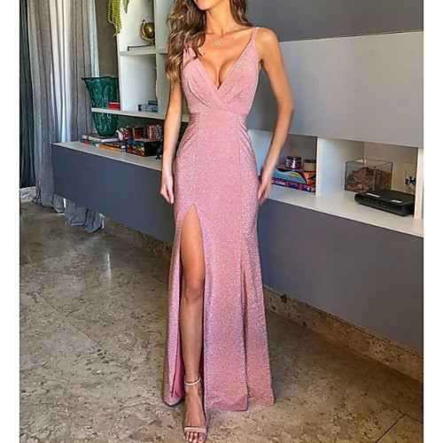 

Sheath / Column Elegant Formal Evening Dress Spaghetti Strap Sleeveless Floor Length Polyester with Pleats Split Front 2021