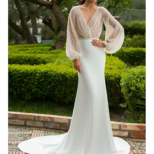 

Mermaid / Trumpet Wedding Dresses V Neck Court Train Satin Long Sleeve Simple Backless Illusion Sleeve with 2021