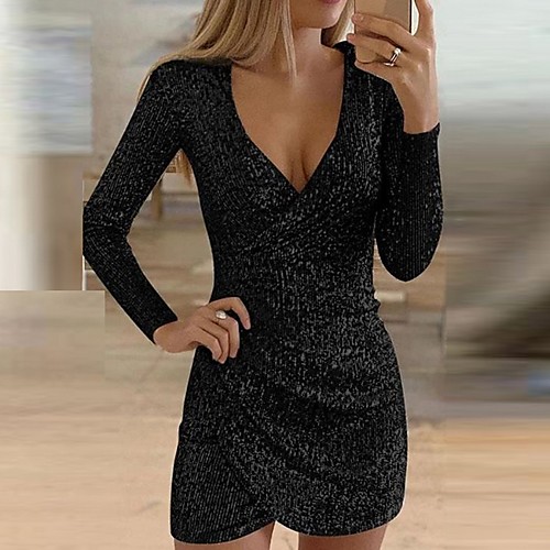 

Women's Sheath Dress - Long Sleeve Solid Colored Sequins Ruched Glitter Deep V Sexy Cocktail Party Going out Wine Black Gold Green Silver S M L XL