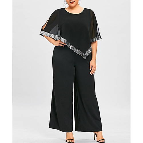 

Women's Plus Size Basic Black Wine Royal Blue Jumpsuit Solid Colored Patchwork