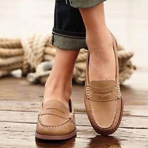 

Women's Loafers & Slip-Ons Flat Heel Round Toe PU Fall & Winter Black / Brown / Khaki