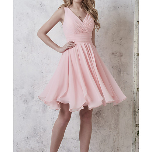 

A-Line Plunging Neck Knee Length Chiffon Bridesmaid Dress with Ruching