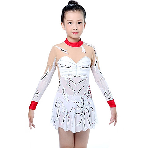 

Rhythmic Gymnastics Leotards Artistic Gymnastics Leotards Women's Girls' Leotard Ivory Spandex High Elasticity Handmade Print Jeweled Long Sleeve Competition Ballet Dance Ice Skating Rhythmic / Kid's