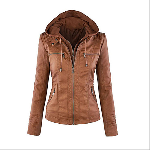 

Women's Daily / Weekend Vintage / Street chic Spring / Fall Regular Leather Jacket, Solid Colored Hooded Long Sleeve PU / Cotton / Polyester Black / Brown / Light Brown
