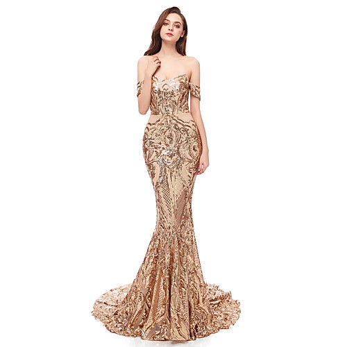 

Mermaid / Trumpet Sparkle Engagement Formal Evening Dress Off Shoulder Short Sleeve Court Train Sequined Polyester with Sequin Pattern / Print 2021