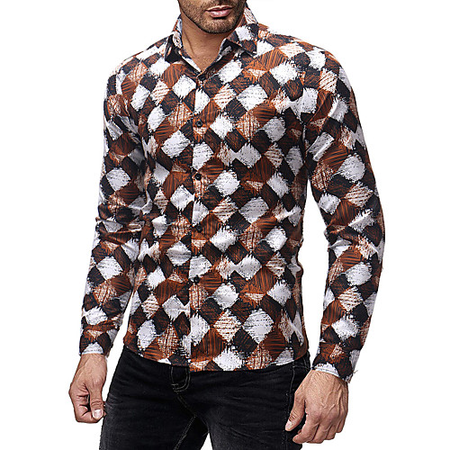 

Men's Geometric Color Block Shirt Basic Daily Going out Classic Collar Light Brown / Red / Long Sleeve