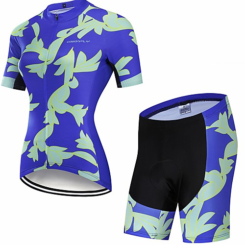 

CAWANFLY Women's Short Sleeve Cycling Jersey with Shorts Blue Floral Botanical Bike Clothing Suit 3D Pad Quick Dry Winter Sports Spandex Lycra Curve Mountain Bike MTB Road Bike Cycling Clothing