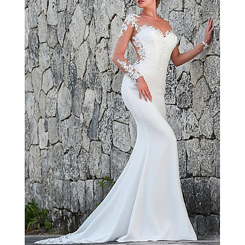 

Mermaid / Trumpet Wedding Dresses Jewel Neck Sweep / Brush Train Polyester Long Sleeve Sexy Backless Illusion Sleeve with Lace 2021