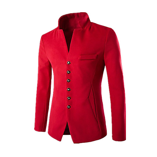 

Men's Daily Chinoiserie Spring / Winter Regular Blazer, Solid Colored V Neck / Stand Long Sleeve Modal Black / Red / Navy Blue