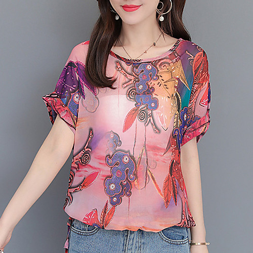 

Women's Going out Blouse Shirt Floral Leaf Flower See Through Print Round Neck Tops Chiffon Vintage Streetwear Basic Top Red Yellow Blushing Pink