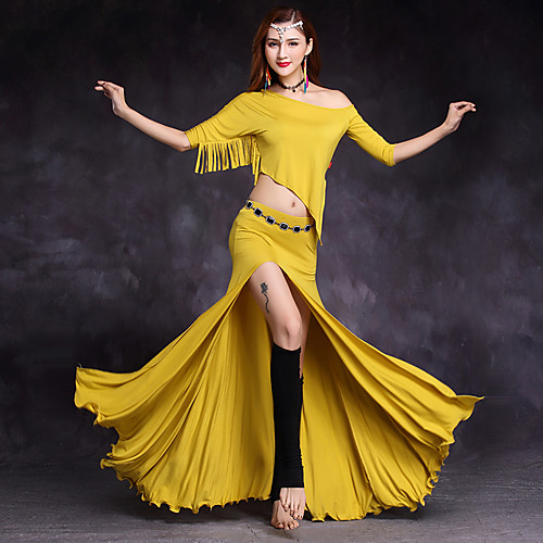 

Belly Dance Skirts Ruffles Tassel Split Women's Training Performance Half-Sleeve Natural Modal