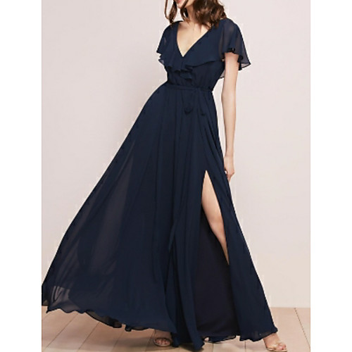 

A-Line Plunging Neck Floor Length Chiffon Bridesmaid Dress with Sash / Ribbon / Ruffles / Split Front / Open Back