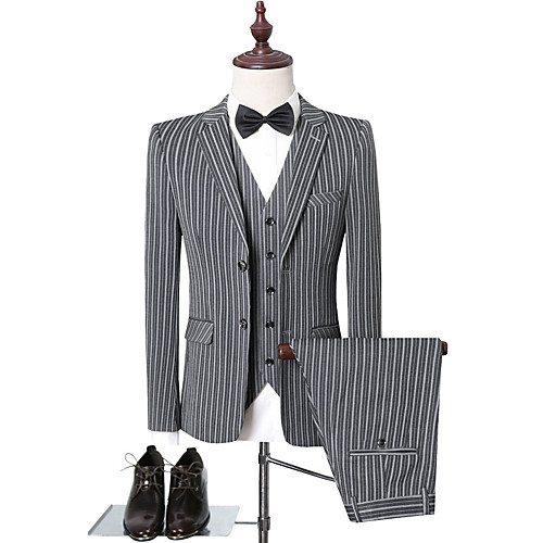 

Black / Light Grey / Gray Striped Slim Fit Polyester Suit - Notch Single Breasted Two-buttons / Suits