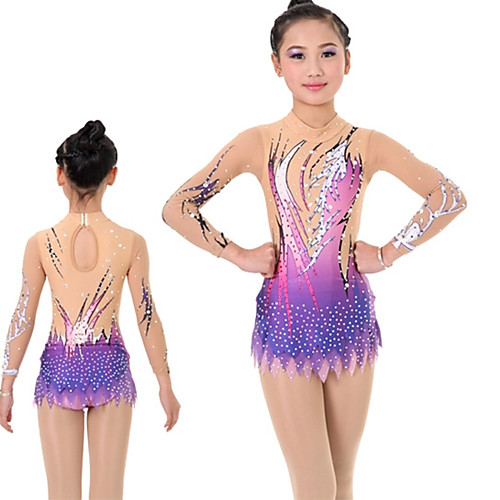 

Women's Girls' Rhythmic Gymnastics Leotards Artistic Gymnastics Leotards Print Purple Ballet Dance Ice Skating Leotard Plus Size Long Sleeve Sport Activewear Handmade High Elasticity / Training