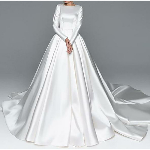 

A-Line Wedding Dresses Jewel Neck Chapel Train Satin Long Sleeve Simple Plus Size Elegant with 2020