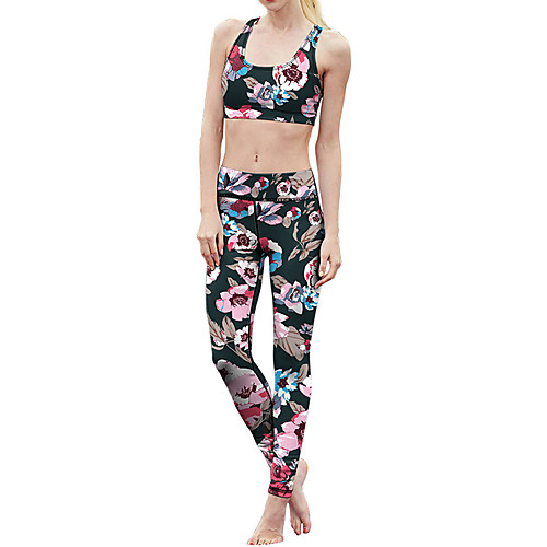 

Women's 2pcs Yoga Suit Racerback Floral Print Black Elastane Yoga Fitness Gym Workout High Waist Leggings Bra Top Sleeveless Sport Activewear Butt Lift Breathable Quick Dry Moisture Wicking High