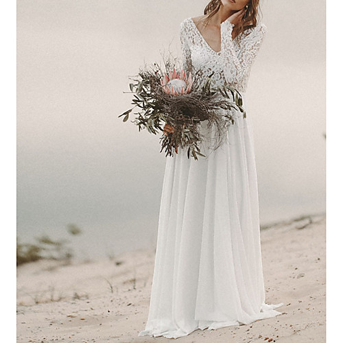 

A-Line Wedding Dresses V Neck Sweep / Brush Train Chiffon Long Sleeve Beach Backless Illusion Sleeve with Lace Insert 2021