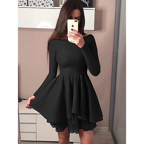 

Women's A Line Dress - Long Sleeve Solid Colored Layered Off Shoulder Basic Elegant Date Casual / Daily Black Red Blushing Pink Green Beige S M L XL XXL