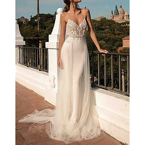 

A-Line Wedding Dresses V Neck Sweep / Brush Train Chiffon Spaghetti Strap Boho Illusion Detail with Lace Insert 2021