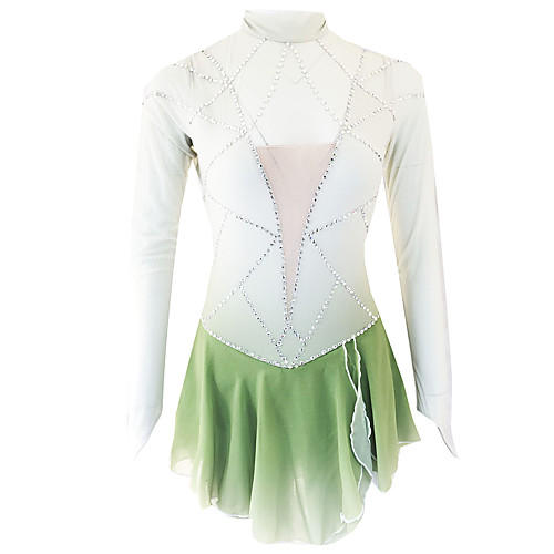 

21Grams Figure Skating Dress Women's Girls' Ice Skating Dress Green Open Back Spandex Micro-elastic Training Skating Wear Classic Crystal / Rhinestone Long Sleeve Ice Skating Figure Skating