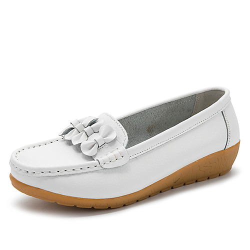 

Women's Loafers & Slip-Ons 2020 Spring / Fall Wedge Heel Round Toe Casual Chinoiserie Daily Home Bowknot Solid Colored Cowhide Walking Shoes White / Black / Yellow
