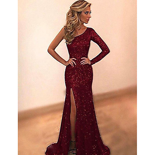 

Women's Maxi Sheath Dress - Long Sleeve Solid Colored One Shoulder Slim Wine Blue Purple Green S M L XL