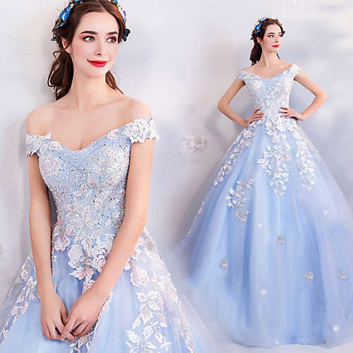 

Cinderella Dress Women's Movie Cosplay Embroidery Floral Open Back Blue Dress Halloween Carnival Masquerade Organza Cotton Embroidery / Cap Sleeve / Wasp-Waisted
