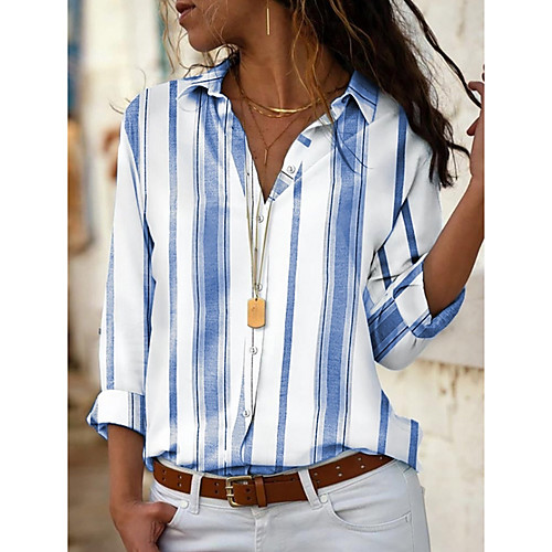 

Women's Blouse Shirt Striped Long Sleeve Shirt Collar Tops Basic Top Blue Red Yellow