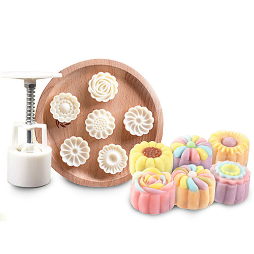 

7pcs Set 3D Flower Mooncake Mold 1 Hand Press with 6 Flower Shape Mid Autumn Arch Moon Cake Bread Cookies Cutter