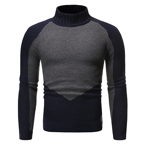 

Men's Color Block Pullover Long Sleeve Sweater Cardigans Turtleneck Black Navy Blue