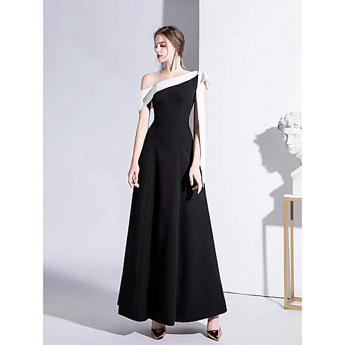 

A-Line Color Block Vintage Inspired Formal Evening Dress One Shoulder Short Sleeve Floor Length Satin with Bow(s) 2020