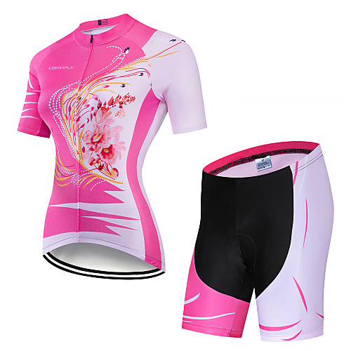 

CAWANFLY Women's Short Sleeve Cycling Jersey with Shorts Pink Floral Botanical Phoenix Bike Clothing Suit 3D Pad Quick Dry Winter Sports Spandex Lycra Vine Mountain Bike MTB Road Bike Cycling