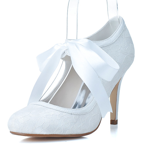

Women's Wedding Shoes Lace up Stiletto Heel Round Toe Minimalism Wedding Party & Evening Lace Ribbon Tie Floral White Pink Royal Blue