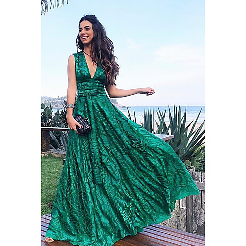 

Women's Maxi A Line Dress - Sleeveless Geometric Print Spring & Summer Deep V 2020 Green S M L XL