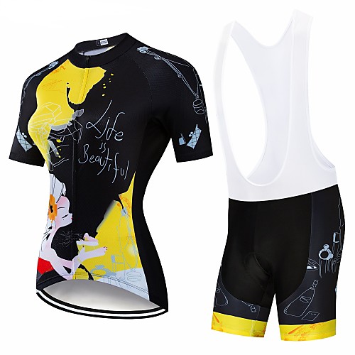 

CAWANFLY Women's Short Sleeve Cycling Jersey with Bib Shorts Black Floral Botanical Bike Clothing Suit 3D Pad Quick Dry Winter Sports Spandex Lycra Floral Botanical Mountain Bike MTB Road Bike Cycling