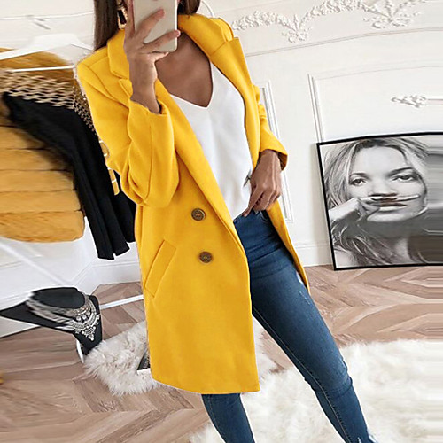 

Women's Daily Spring & Fall Long Coat, Solid Colored Shirt Collar Long Sleeve Polyester Black / Yellow / Blue